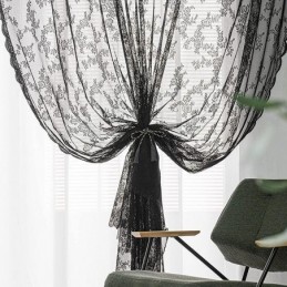 Blomsterprintede Sorte, Transparente Blondegardiner Til Stuen
