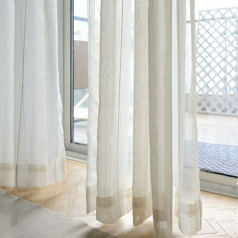 Japansk Enkelt, Transparent Gardin, Skræddersyet Gardin, Store Striber, Jacquard, Hvidt Hørstof