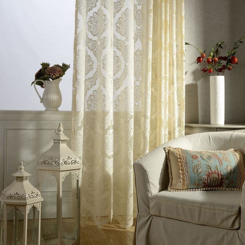 Europa Broderi Tyl Gardiner Romantiske Semi Transparente Jacquard Vinduesgardiner