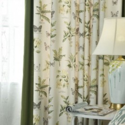 Gardiner I Bomuld Og Hør Med Blomsterprint Og Syninger Og Plantemønster Til Stuen