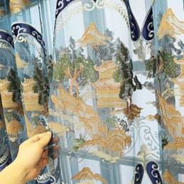 Chenille Semi-Mørklæggende Gardiner Kinesisk Stil Bjerge Broderi Stue Soveværelse
